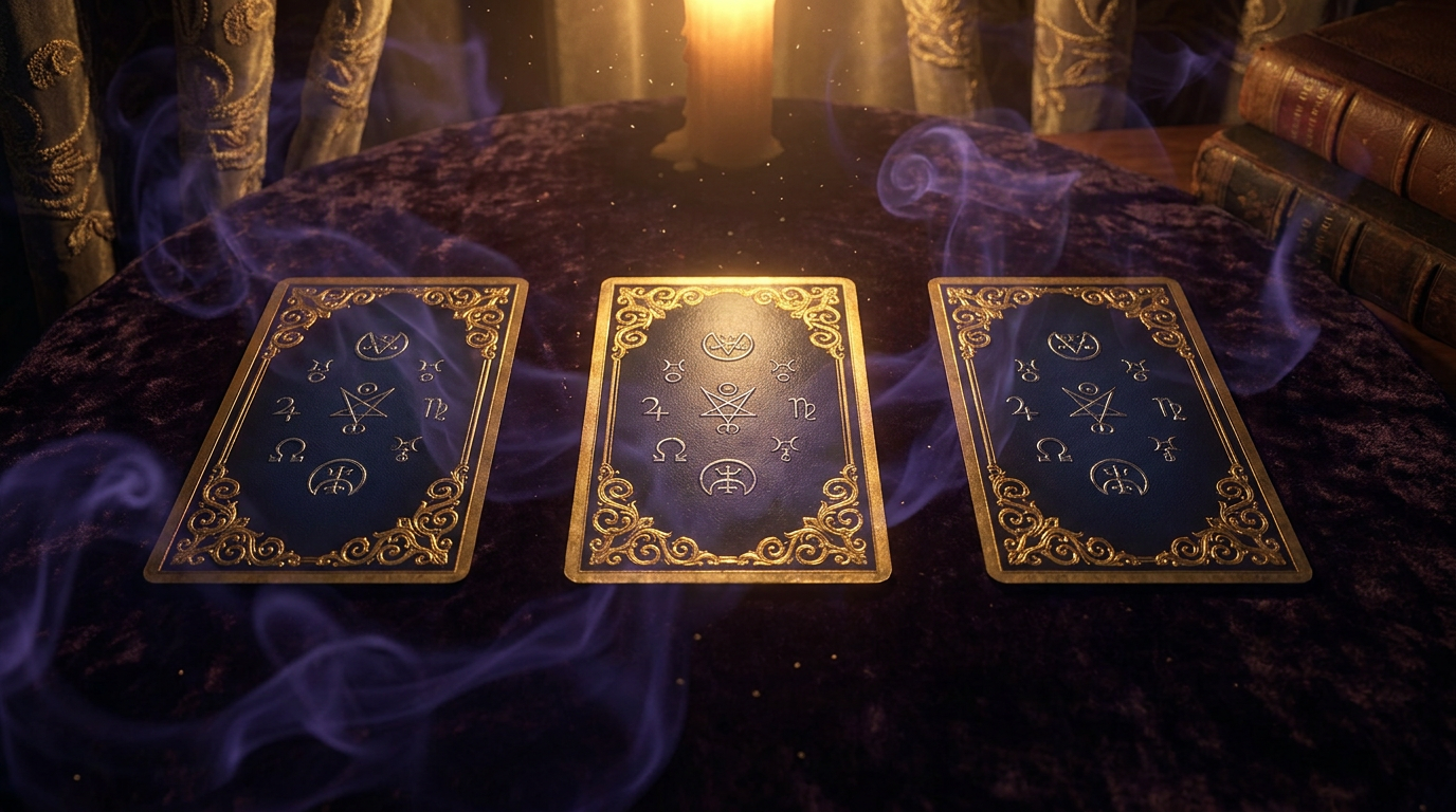 Three tarot cards laid out in past-present-future spread on dark velvet